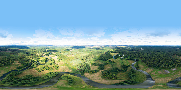 360 degrees spherical panoramic aerial view of the meandering river in a rural landscape