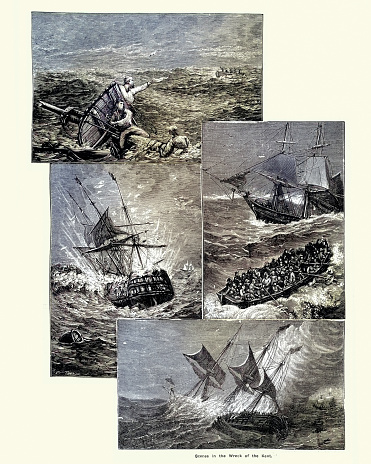 Vintage illustration of  History of seafaring, Ship wreck of the Kent an East Indiaman sinking in Bay of Biscay, 1825
