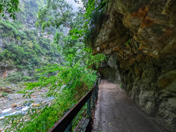 istock Empty Shakadang Trail along cliffs and trees with Liwu River on the side in a mist during the pandemic before 403 earthquake on a rainy day 2150549997