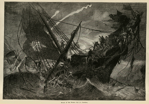 Vintage illustration of  Shipwreck of the USS Huron an iron-hulled gunboat of the United States Navy ran aground off Nags Head, North Carolina in heavy weather 1877