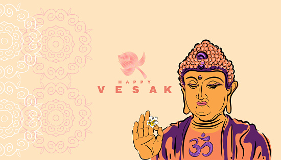 Happy Vesak Day   Budha Purnima Background With Budha Statue Silhouet  Pink Lotus,   Budha's anniversary, Waisak  Vector Illustration