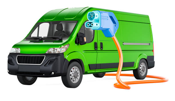 istock Delivery van with electric car charging plug. Eco-friendly transport, concept. 3D rendering 2150553564