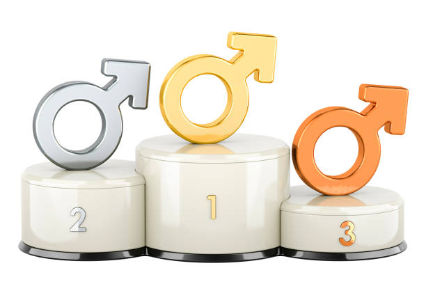 Male Winners Podium. 1, 2, 3 places. 3D rendering isolated on white background