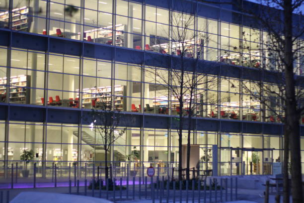 Close-up view of a building with contemporary Architecture, modern design, and colourful lighting facades in Annaba