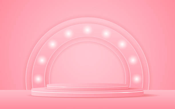 istock pink podium has a pink circular arch at the back for product presentation 2150554820