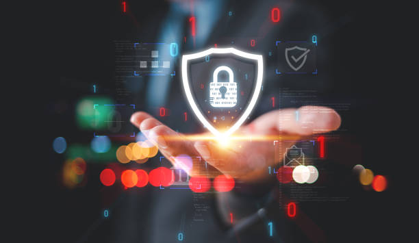 istock Cyber security privacy concept. Lock icon and internet network secure technology to protect data information. Businessman show person data info protection on smartphone, virtual screen network tech 2150556296