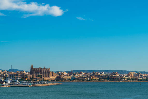 Palma de Majorca, Balearic Islands, Spain, - November 11.2023 : Palma de Mallorca harbour view with cruise ships and the cathedral in background