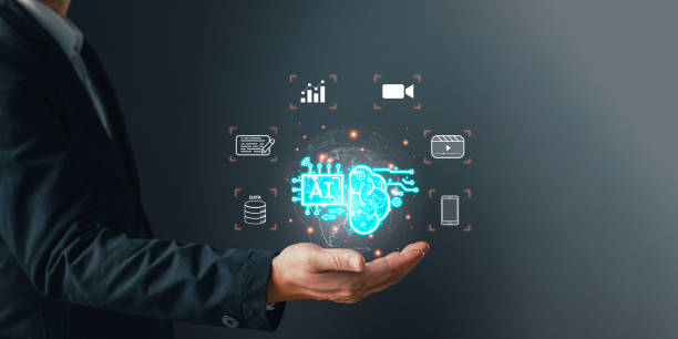 Man hold icon AI management, Marketers education, research, analysis media video streaming content creation and online marketing strategy to grow their digital business. Using AI to analyze business.