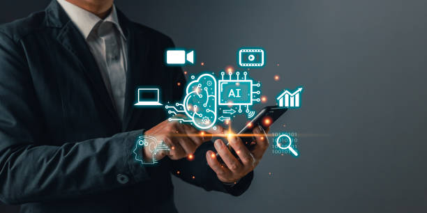 istock Man touch icon ai and use smartphone, Marketers education, research, analyze media video streaming content creation and online marketing strategies to grow their digital business. 2150561920