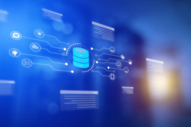 Database management system and Structured Query Language concept. SQL Programming language concept, DBMS, Computer courses, Training, Learning. Database Storage Icon with server room background. sistema de gestión de bases de datos y concepto de lenguaje de consulta estructurado. concepto de lenguaje de programación sql, dbms, cursos de computación, capacitación, aprendizaje. icono de almacenamiento de base de datos con fondo de sala de servid