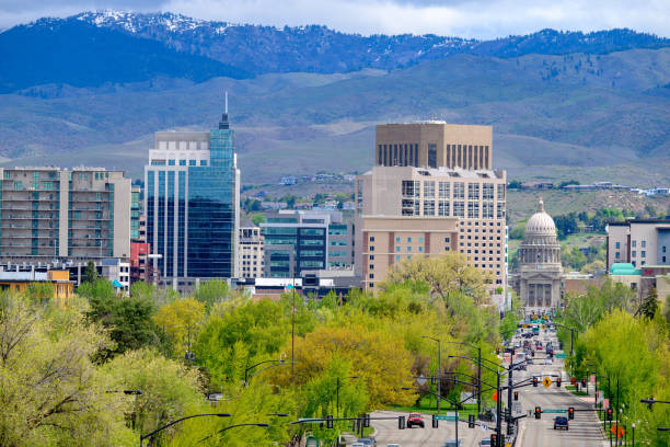 istock Spring trees and Boise skyline with snow in the hills 2150569270