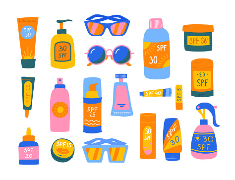 Cartoon Color Different Type Spf Sunscreen Products Icon Set Concept Flat Design Style. Vector illustration of Lotion and Cream