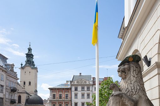 Lion monument in Ukrainian military beret near Lviv city hall, Ukraine