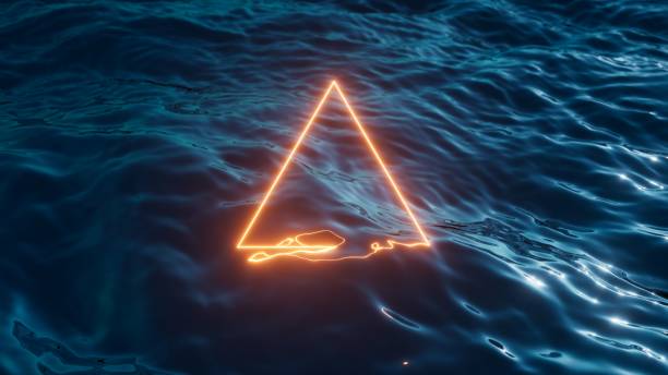 istock 3d render of a neon yellow triangle frame placed over the dark blue ocean surface. Simple geometric wallpaper, abstract background 2150571292