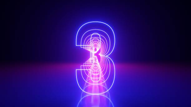 istock 3d render, linear symbol, neon number three glowing in the dark with ultraviolet light, pink blue gradient laser ray 2150571444