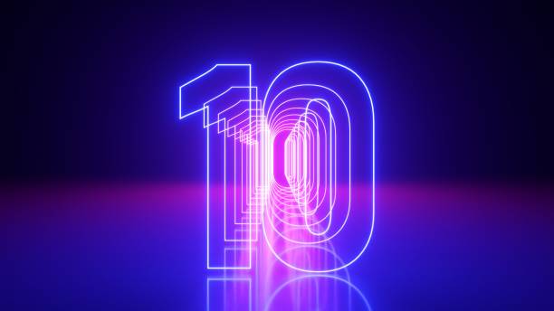 istock 3d render, linear symbol, neon number ten glowing in the dark with ultraviolet light, pink blue gradient laser ray 2150571509