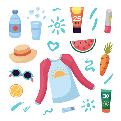 Sun protection tips set. Sunscreen bottles, jars. Strokes of sunscreen cream strokes. Beach holidays concept. Flat design, cartoon SPF cosmetic products collection.
