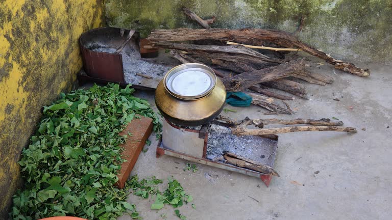 Traditional Outdoor Cooking in Rural India With Wood-Fired Stove and Fresh Ingredients
