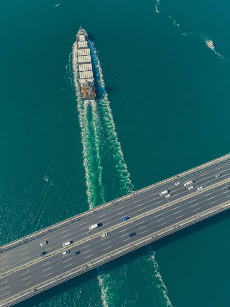 Aerial view of a cargo container ship passing under bridge. Istanbul Bosphorus.