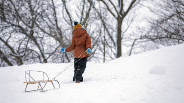 istock A small boy in a brown jacket is photographed from behind holding a rope and pulling his sled up a hill 2150578176