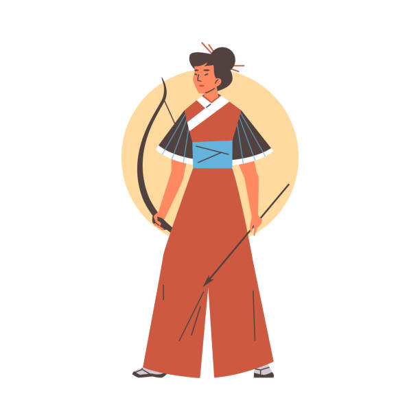 Bold vector characters featuring a woman, archer, with bow and arrows, in traditional hakama on a white background Ancient Asian warrior set. Bold vector characters featuring a woman, archer, with bow and arrows, in traditional hakama, perfect for history-themed illustrations. cartoon of the famous chinese warriors stock illustrations