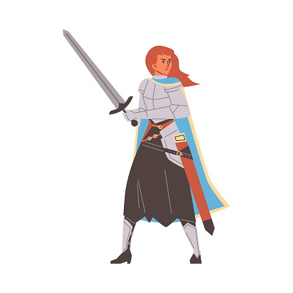 A valiant knight with a sword, wearing medieval armor and a cape. Vector illustration of a fearless female warrior ready for battle.