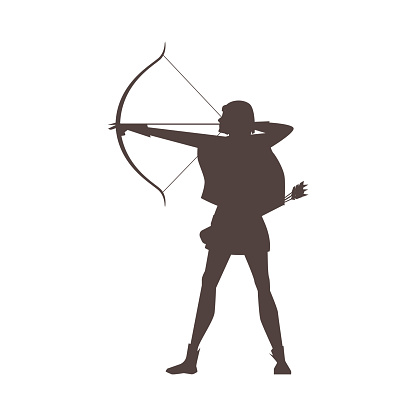 Silhouette of an woman archer poised to shoot, depicted in a classic warrior stance. Vector illustration emphasizing focus and precision.