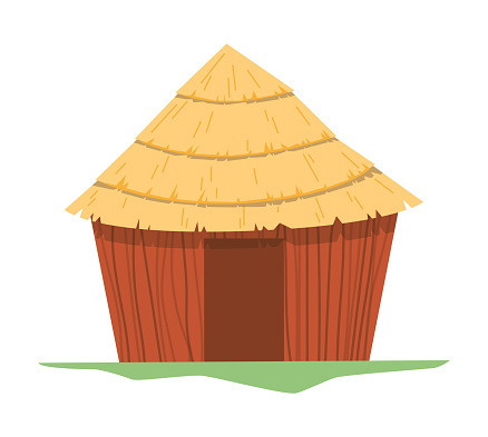 A traditional thatched hut with a conical straw roof and wooden walls. Vector illustration of a rustic, rural shelter.