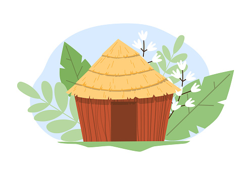 A rustic thatched hut surrounded by lush greenery. Vector illustration perfect for depicting rural simplicity and natural living.