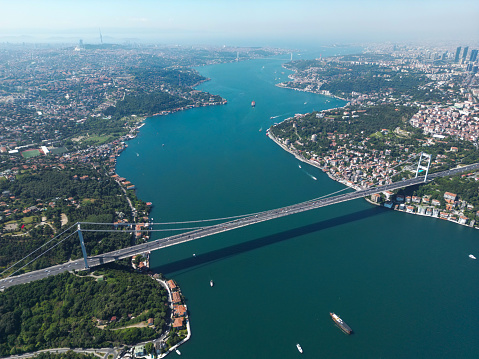 Aerial view of the First and The Second Bosphorus Bridge or Fatih Sultan Mehmet Bridge, Istanbul.