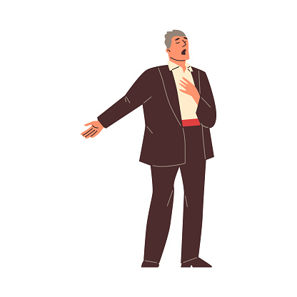 Opera male singer vector flat illustration. Cartoon theatre actor in elegant suit, concert hall performance. Classical music show artist. Premiere, concerto of vocalist