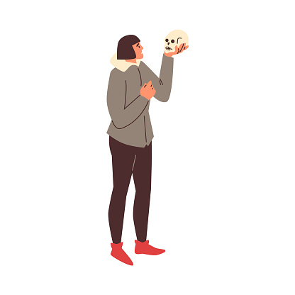 A thoughtful theater actor holds a skull, pondering a scene. Vector illustration in a modern interpretation of a classic theatrical moment of Hamlet.