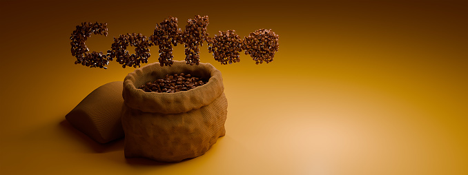 3D Coffee text, Bag of coffee. Coffee to go. Space for text. 3d render.