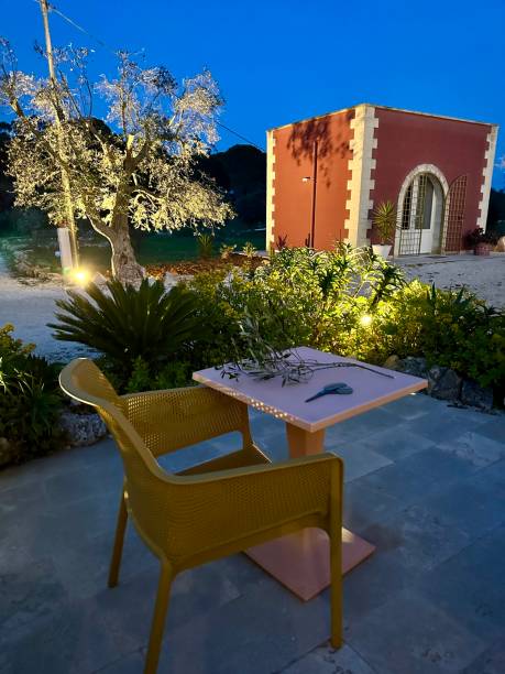 istock Olive branch on pink table during dawn blue hour in Puglia, Italy 2150590984