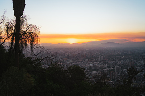 Santiago de Chile skyline from San Cristobal hill during sunset
