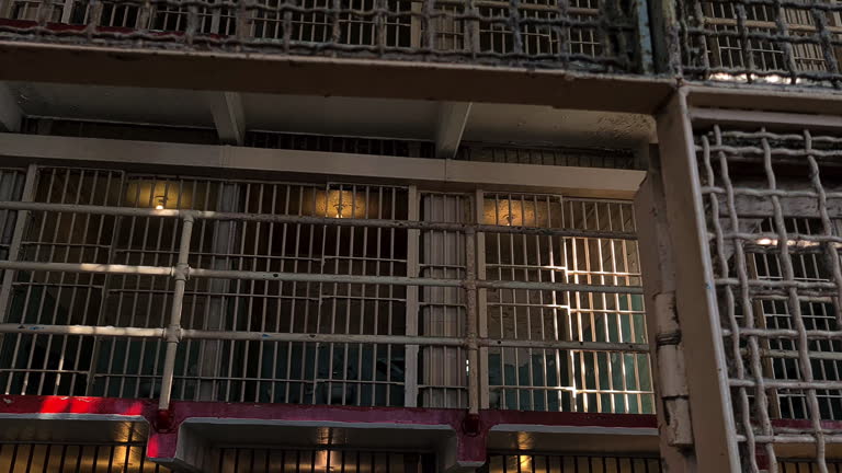 Alcatraz Federal Prison USA, B Block Prison Cells With Metal Bars, Panorama