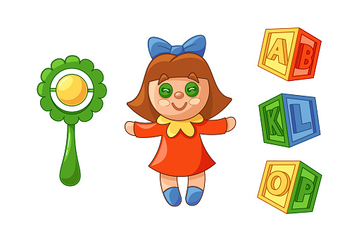 Kids Toys Isolated on White Background. Diverse Playthings, Baby Rattle, Colorful Building Blocks and Doll, Fostering Creativity, Learning, And Imaginative Play. Cartoon Vector Illustration