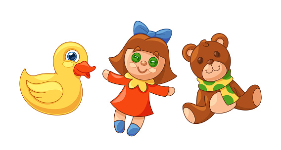 Colorful Kids Toys, Plush Teddy Bear, Doll and Yellow Rubber Duck, Action Figures, Art Supplies, And Imaginative Playthings Spark Creativity And Learning In Children. Cartoon Vector Illustration