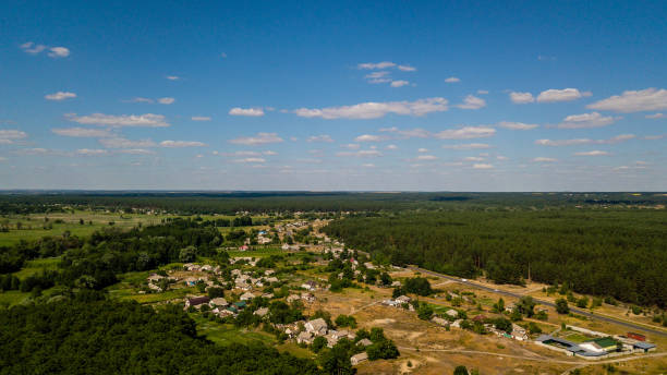 istock Gorgeous aerial landscape panorama. Forests with blue sky 2150596635
