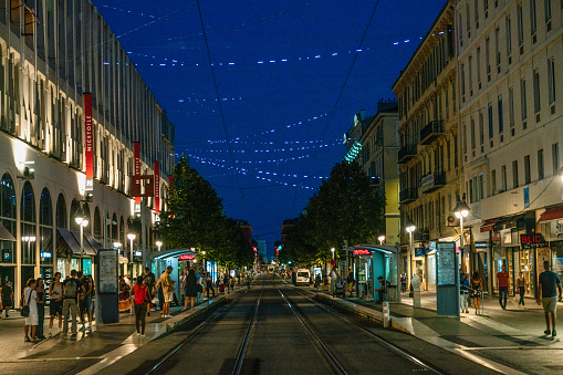 July 24, 2021. Oslo, Norway: A beautiful summer day in Markveien at Grünerløkka in Oslo. Its charming shopping streets, cosy cafés and exciting eateries make Grünerløkka a warm and lively district.