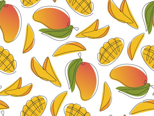 Sliced mango seamless pattern Sliced mango seamless pattern. Abstract line drawn tropical sweet fruits. Simple modern background for tea juice packaging, cover, wallpaper, fabric print mango jam stock illustrations