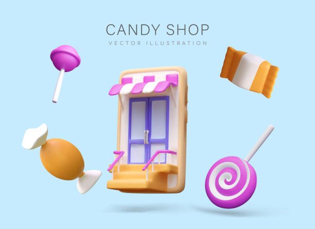 istock Smartphone with door and striped canopy, lollipops, caramels, candies 2150600865