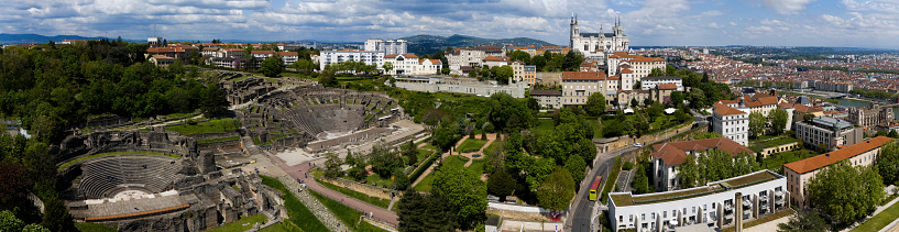 Aerial view of Ancient Theatre of Fourvière, and The Odeon of Lyon. France. it was an ancient Roman theatre inscribed on the UNESCO. In the background on a hill the Basilica of Notre-Dame de Fourvière
