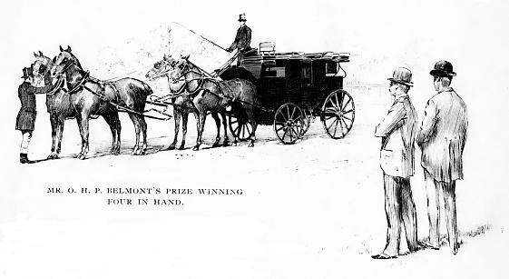 Award-winning horses, owned by Belmont, pull a carriage. Illustration engravings published 1898. Original edition is from my own archives. Copyright has expired and is in Public Domain.