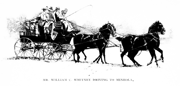 A group of horse-race fans ride in a carriage to the racehorse track in Mineola, New York, USA. Illustration engravings published 1898. Original edition is from my own archives. Copyright has expired and is in Public Domain.