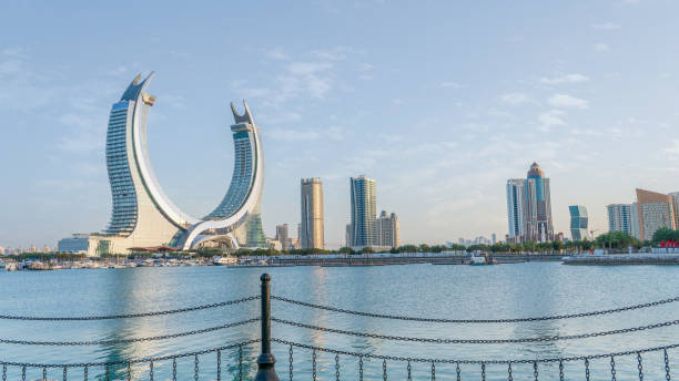 iconic lusail city with the crescent tower in the background Lusail, Qatar- March 10,2024: the newly developed lusail city with winter wonderland and crescent tower in the background. qatar stock pictures, royalty-free photos & images