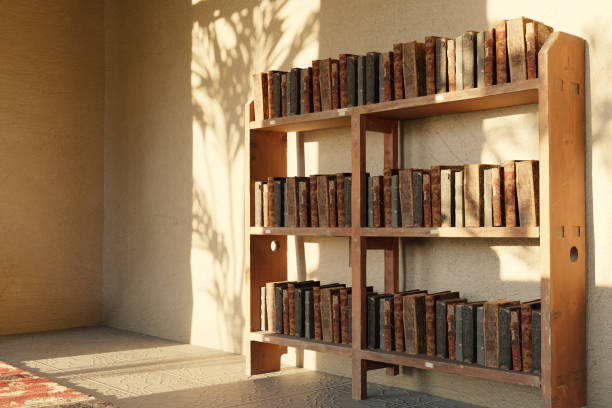 istock old bookshelf and clay walls are illuminated by sunlight. 3D rendering 2150606565