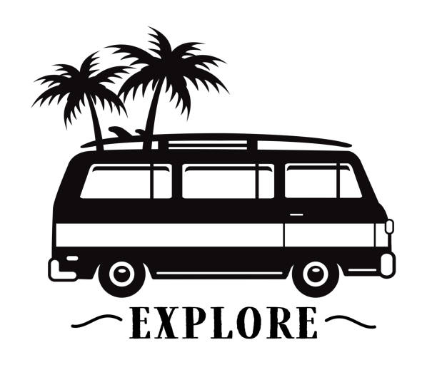 Road Trip exploration caravan silhouette road trip concept surf caravan silouhette explore word hippie car stock illustrations
