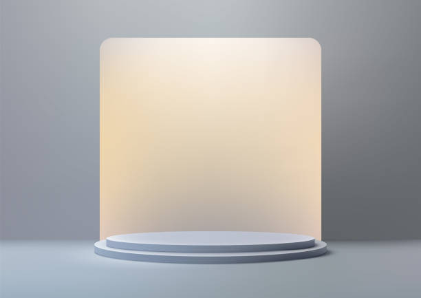 istock 3D realistic blue color podium with square backdrop on the floor and gray wall background 2150610354