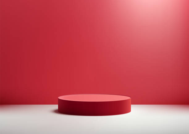 istock 3D red podium on white floor with a red wall in the background, Minimal style, Product display, Mockup, Showcase, Showroom presentation 2150610374